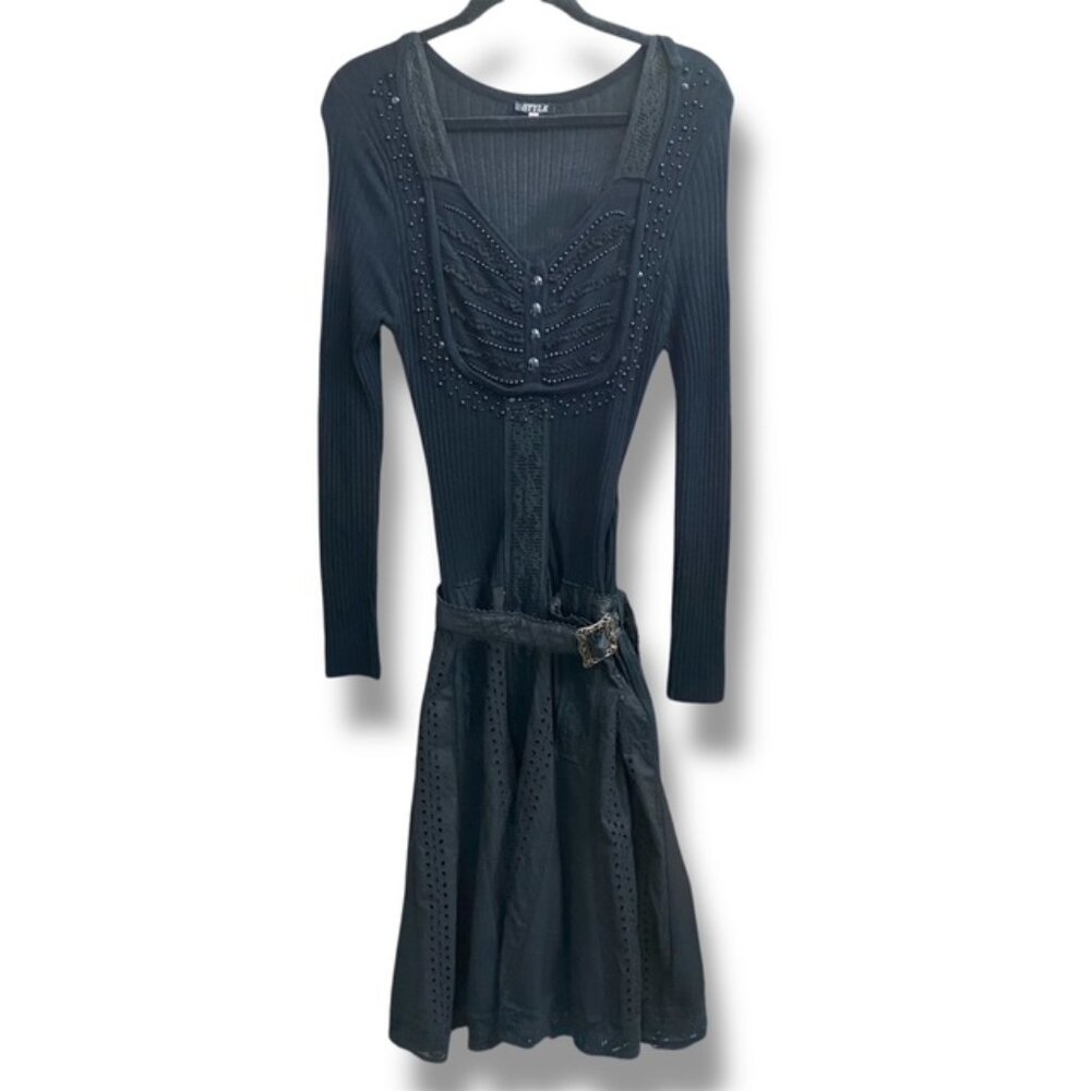Womens Black Embellished Dress Grunge Fit & Flare Maxi Gothic Medieval Medium